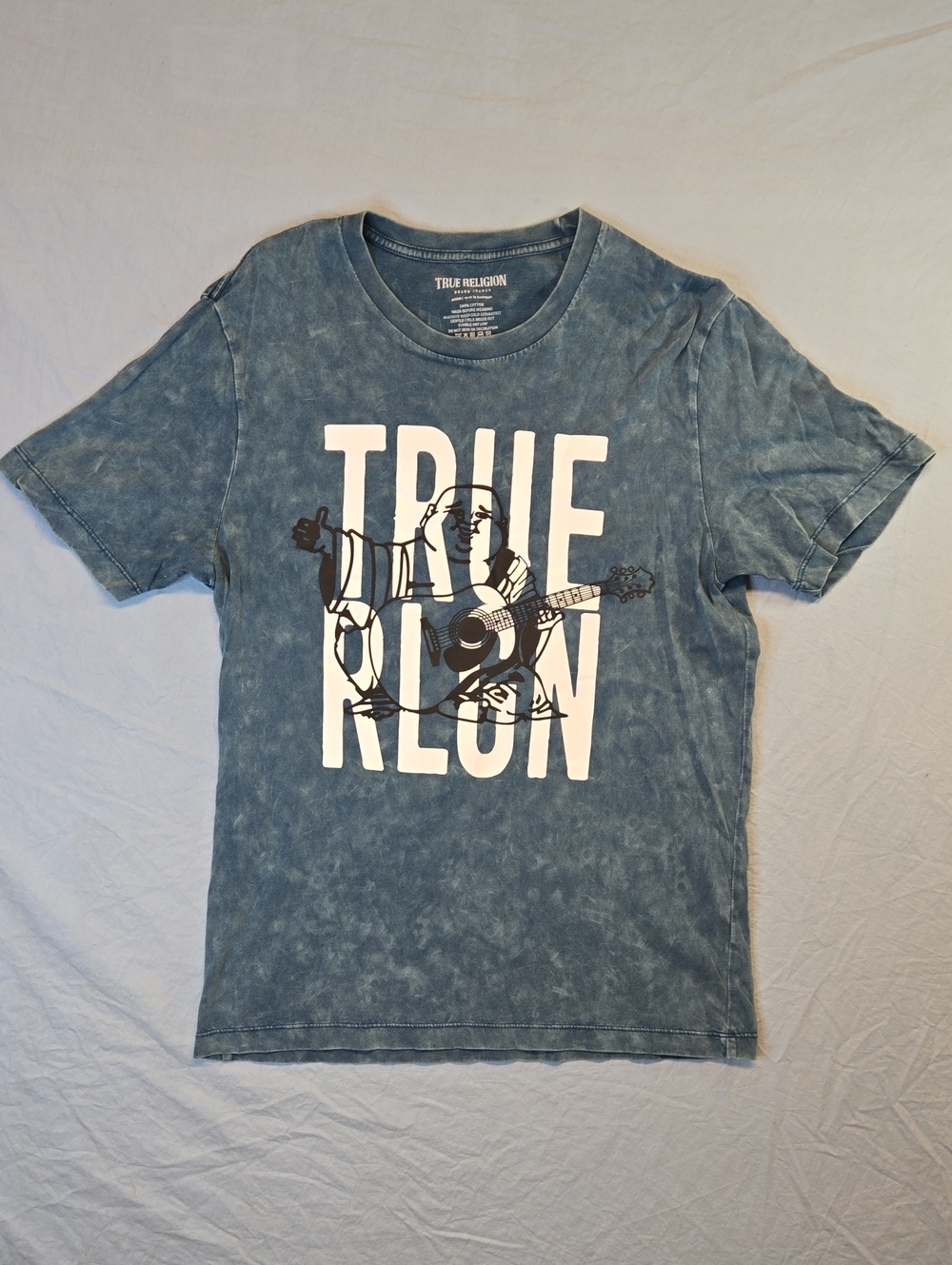 True Religion Wash Blue Graphic Buddha Guitar Spellout T-Shirt